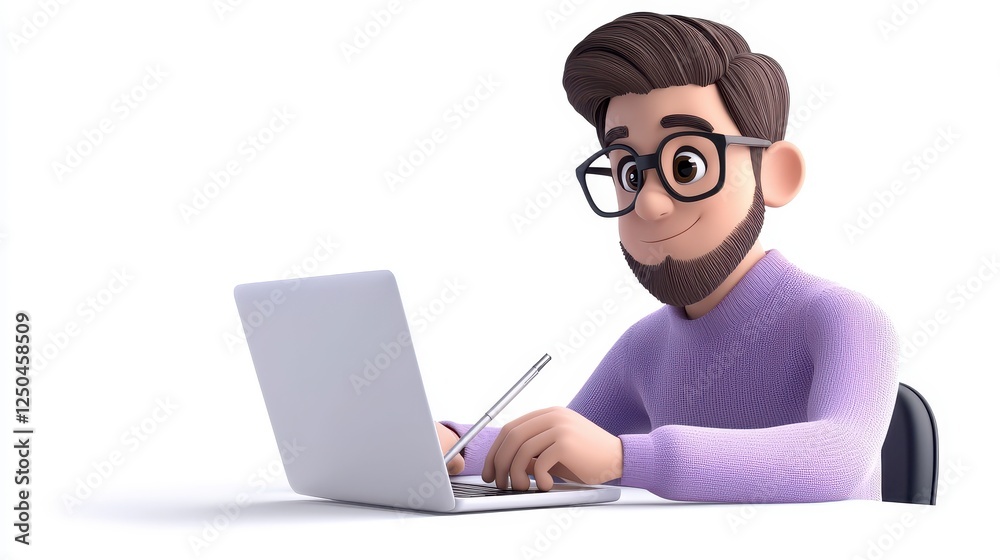 Cartoon Man Working On Laptop With Stylus Cartoon Man Working On Laptop With Stylus