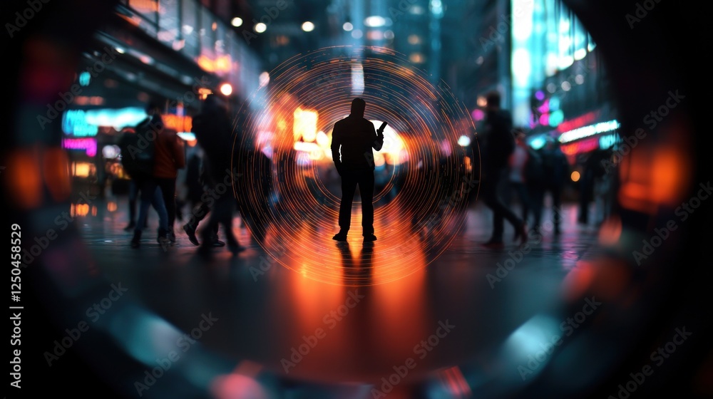 Silhouette of a lone figure standing amidst a bustling urban street at night, vibrant lights glowing Silhouette of a lone figure standing amidst a bustling urban street at night, vibrant lights glowing