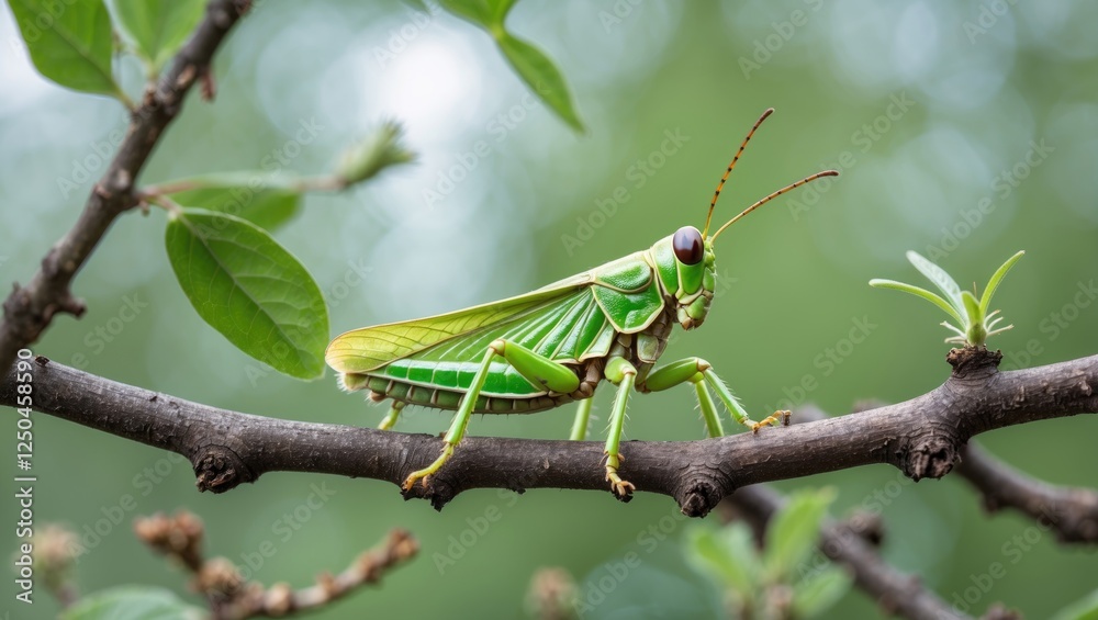Green grasshopper perched on a branch surrounded by leaves showcasing natural camouflage in a tranquil outdoor environment.