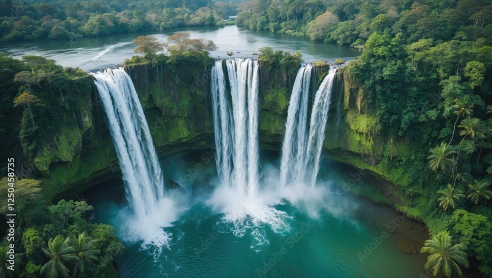 Fototapeta premium Majestic Aerial View of Stunning Waterfalls Surrounded by Lush Greenery and Serene River in a Panoramic Landscape