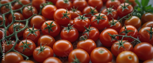 Fresh Santorini cherry tomatoes arranged beautifully on a surface showcasing their vibrant color and natural green stems.
