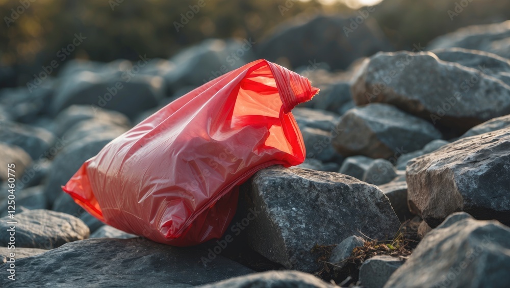 Used red plastic bag resting on rocky surface highlighting environmental pollution and waste management concerns in natural settings. Used red plastic bag resting on rocky surface highlighting environmental pollution and waste management concerns in natural settings.