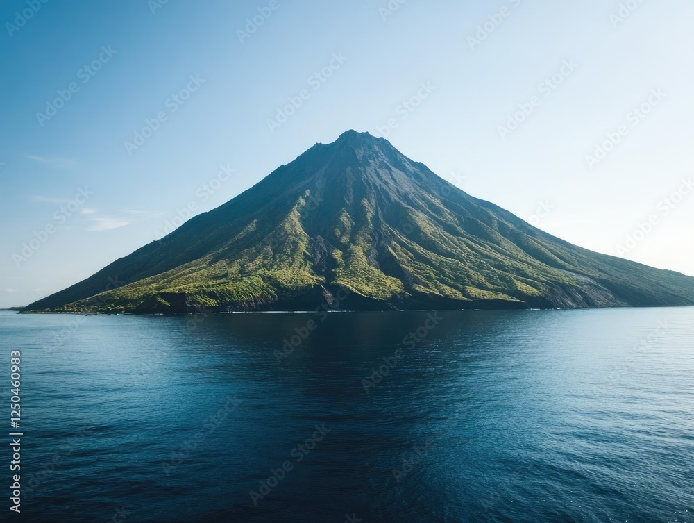Striking aerial view of lush volcano island rising from the turquoise ocean Striking aerial view of lush volcano island rising from the turquoise ocean