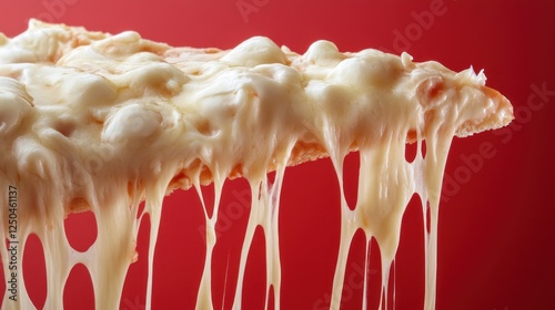 Melted Cheese Pizza Slice on Red Background photo