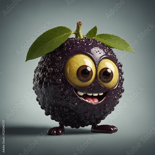 A cute cartoon-style jabuticaba fruit with expressive eyes and a big smile.