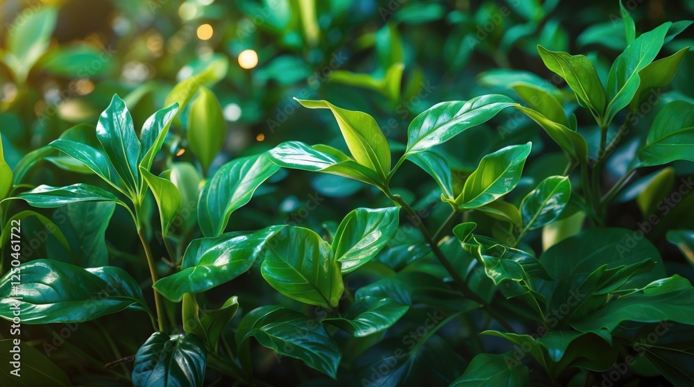 Obraz premium Lush green foliage with vibrant fresh leaves glowing in natural sunlight creating a serene botanical atmosphere.