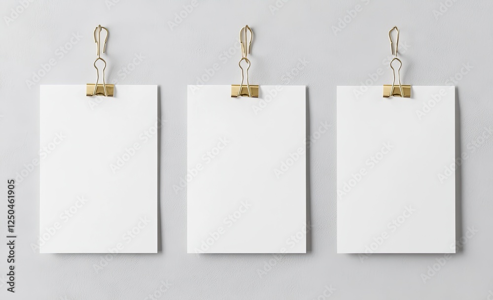 Three blank papers clipped on grey wall, mockup Three blank papers clipped on grey wall, mockup