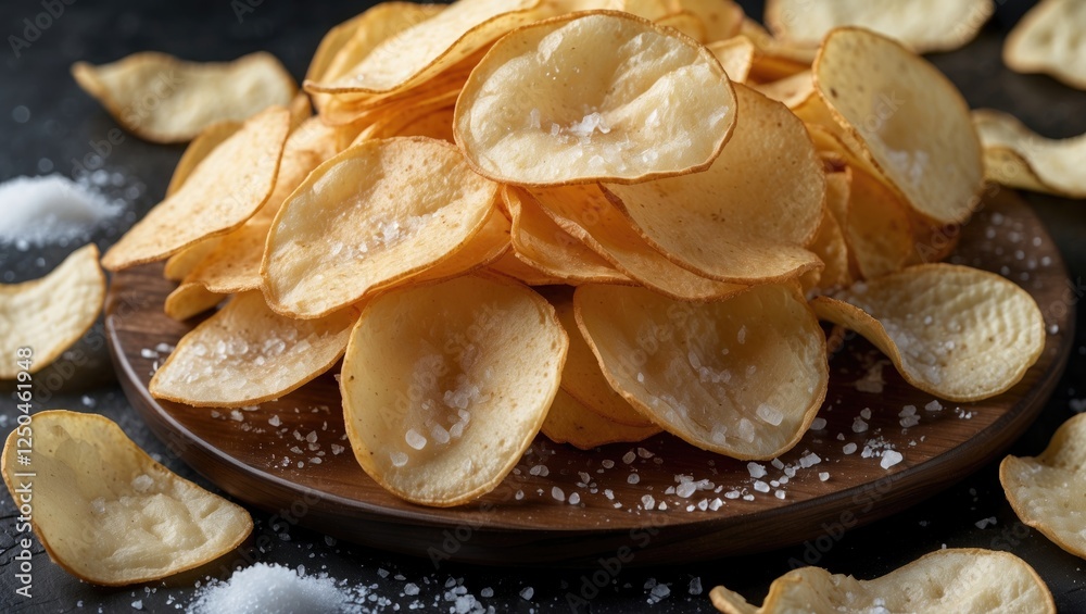 Deliciously crispy potato chips seasoned with salt served on a rustic wooden platter against a dark background Deliciously crispy potato chips seasoned with salt served on a rustic wooden platter against a dark background