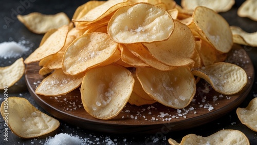 Deliciously crispy potato chips seasoned with salt served on a rustic wooden platter against a dark background photo