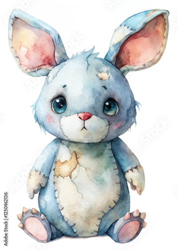 Cute watercolor bunny, soft pastel colors, adorable plush toy, children's illustration, charming character design.