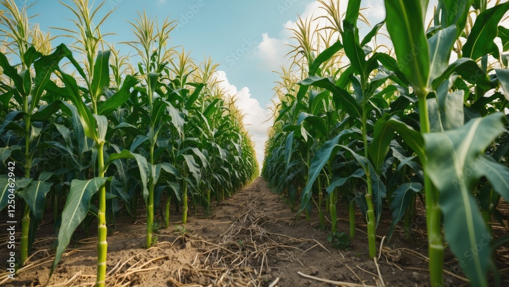 Lush Green Cornfield with Tall Stalks and Clear Blue Sky Ideal for Agricultural Backgrounds and Text Overlays