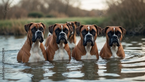 A playful group of boxer dogs wading through water with a serene natural backdrop and ample space for text or branding.