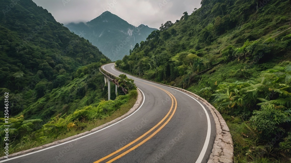 Naklejka premium Winding Mountain Road Through Lush Green Landscape
