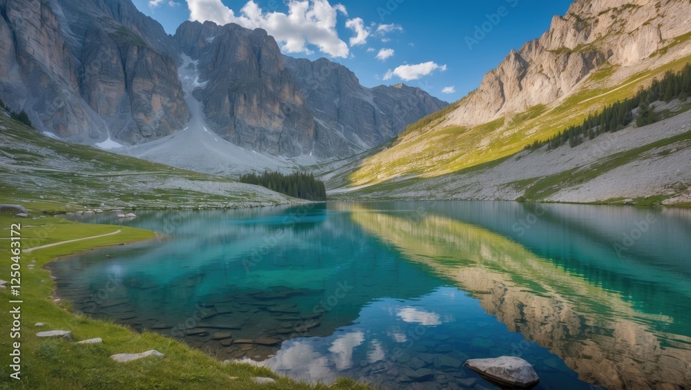 Majestic Alpine Lake Surrounded by Mountains and Lush Greenery Under a Clear Blue Sky in a Natural Park Setting Majestic Alpine Lake Surrounded by Mountains and Lush Greenery Under a Clear Blue Sky in a Natural Park Setting