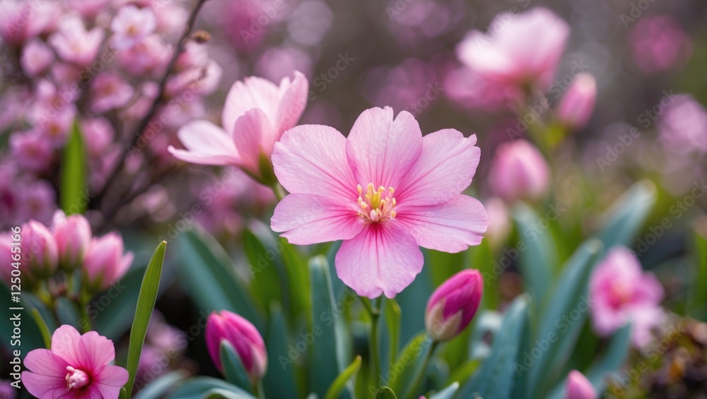 Delicate Pink Spring Flower Blossoms Surrounded by Lush Green Leaves in a Vibrant Garden Setting Delicate Pink Spring Flower Blossoms Surrounded by Lush Green Leaves in a Vibrant Garden Setting