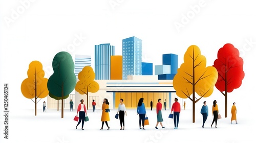 People walking in a park with urban buildings in the background and a bustling market scene