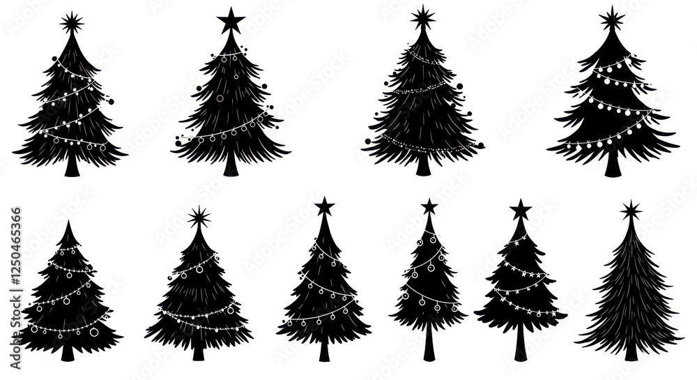 Obraz premium Christmas trees, silhouettes, variety of decorations, star toppers, garlands, ornaments, festive, holiday icons, black and white, minimalist design, vector graphics