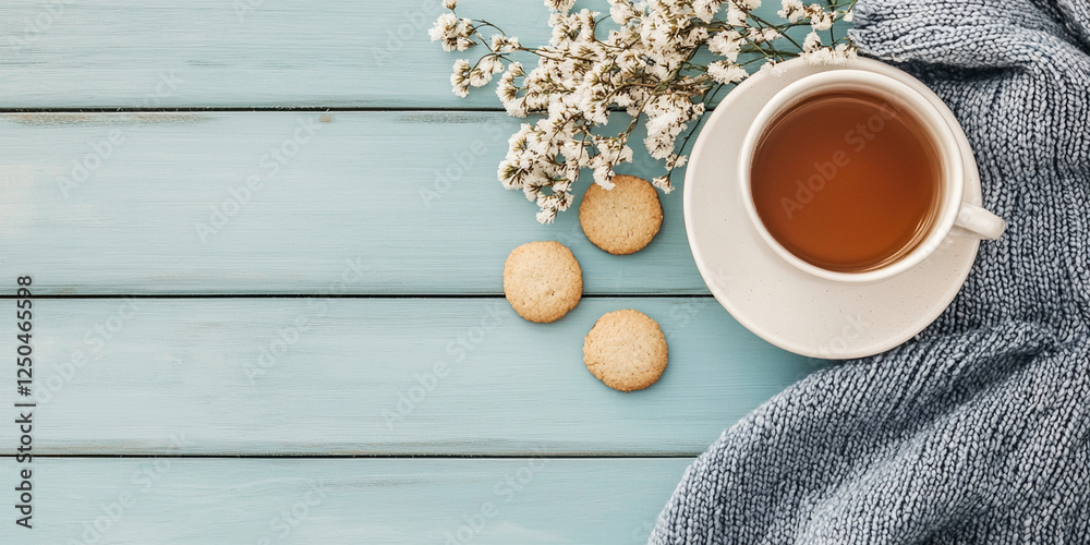 Warm tea with cookies and flowers on blue wooden table creates cozy atmosphere Warm tea with cookies and flowers on blue wooden table creates cozy atmosphere