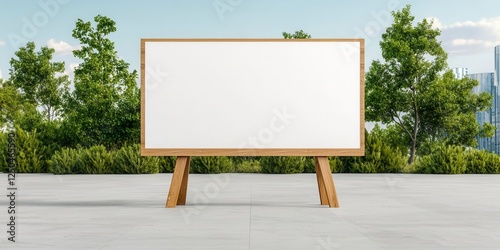 Blank white billboard on the street surrounded by trees in a clean urban environment photo