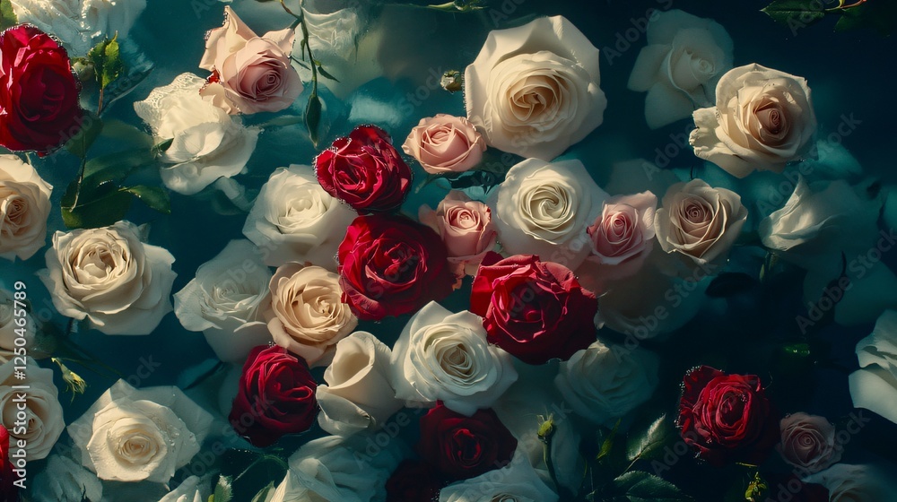 Roses in Bloom with Vibrant Red White Soft Pink Flowers Creating Elegant Background in Natural Flowing Pattern Roses in Bloom with Vibrant Red White Soft Pink Flowers Creating Elegant Background in Natural Flowing Pattern