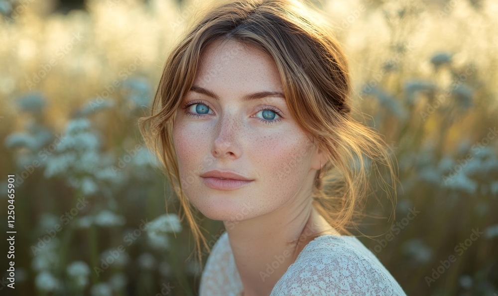 Young Woman with Bright Blue Eyes and Freckles in Nature-Inspired Setting, Close-Up Portrait, Dreamy and Serene Mood, Summer Day, Young Woman with Bright Blue Eyes and Freckles in Nature-Inspired Setting, Close-Up Portrait, Dreamy and Serene Mood, Summer Day,