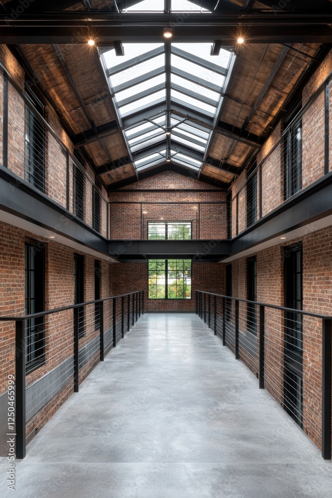 Exposed Brick Interior of Industrial Style Building with Skylights and Modern Design Elements Exposed Brick Interior of Industrial Style Building with Skylights and Modern Design Elements