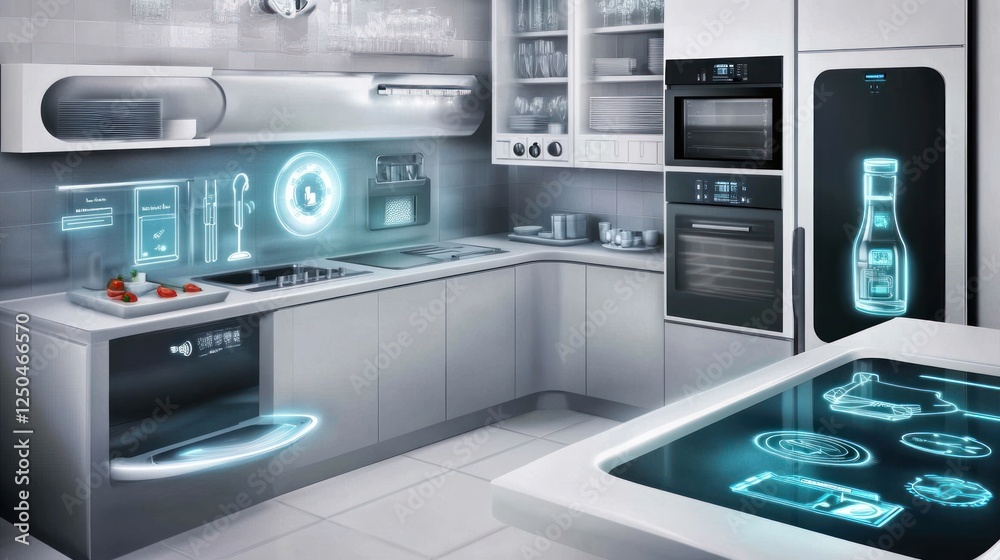 Futuristic Kitchen with Smart Appliances and Interactive Display Technology Futuristic Kitchen with Smart Appliances and Interactive Display Technology