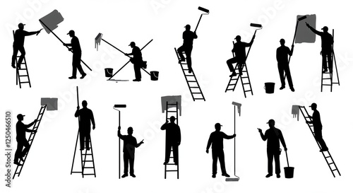 silhouette figures, painters at work, home improvement, ladders, paint rollers, dynamic poses, black and white illustration, minimalist design, various painting
