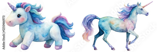 Cute watercolor unicorn, pastel colors, playful design, children's illustration, magical creature, whimsical art.