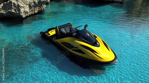 Luxury yellow jet ski on the turquoise water near the rocky shore photo