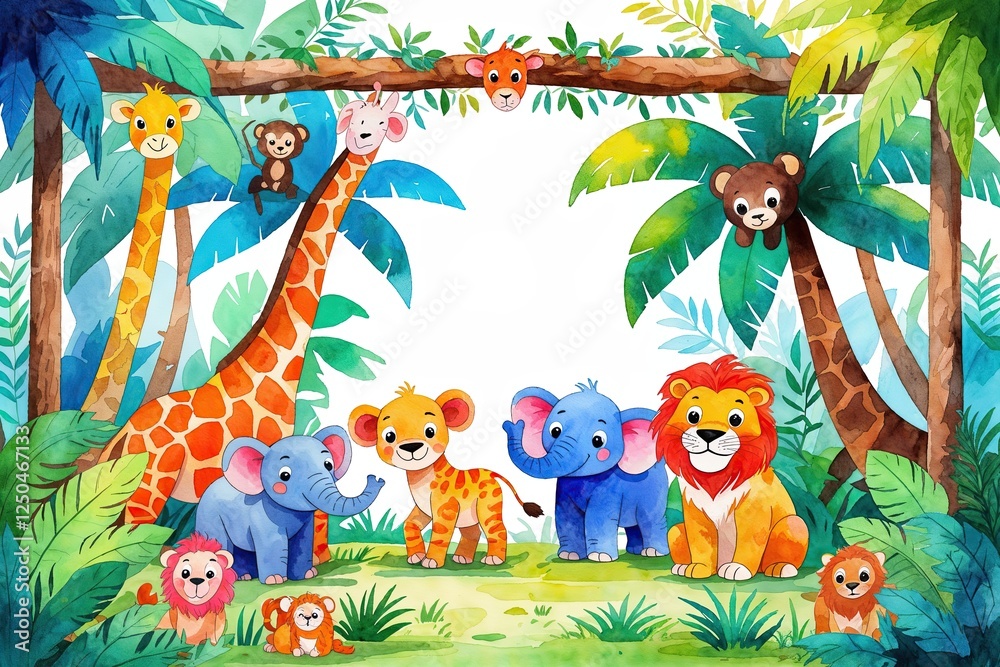 Obraz premium Colorful Cartoon Jungle Scene with Animal Border in Pastel Watercolor Illustration for Children