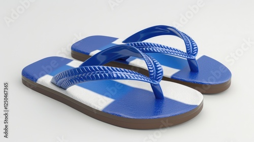 A pair of blue and white flip-flops resting on a clean surface, showcasing their design and colors for summer footwear photo