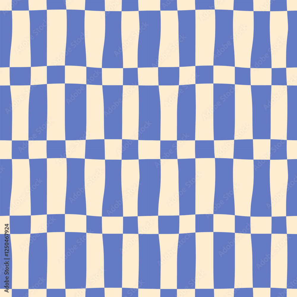 Abstract seamless pattern of vertical blue stripes in a row on a light background, distorted checkerboard pattern, wavy checkered pattern, simple hand drawn illustration, flat style