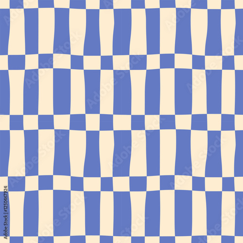 Abstract seamless pattern of vertical blue stripes in a row on a light background, distorted checkerboard pattern, wavy checkered pattern, simple hand drawn illustration, flat style