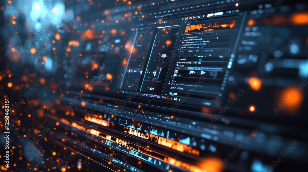 Obraz premium Futuristic Audio and Video Editing Interface with Abstract Particle Effects