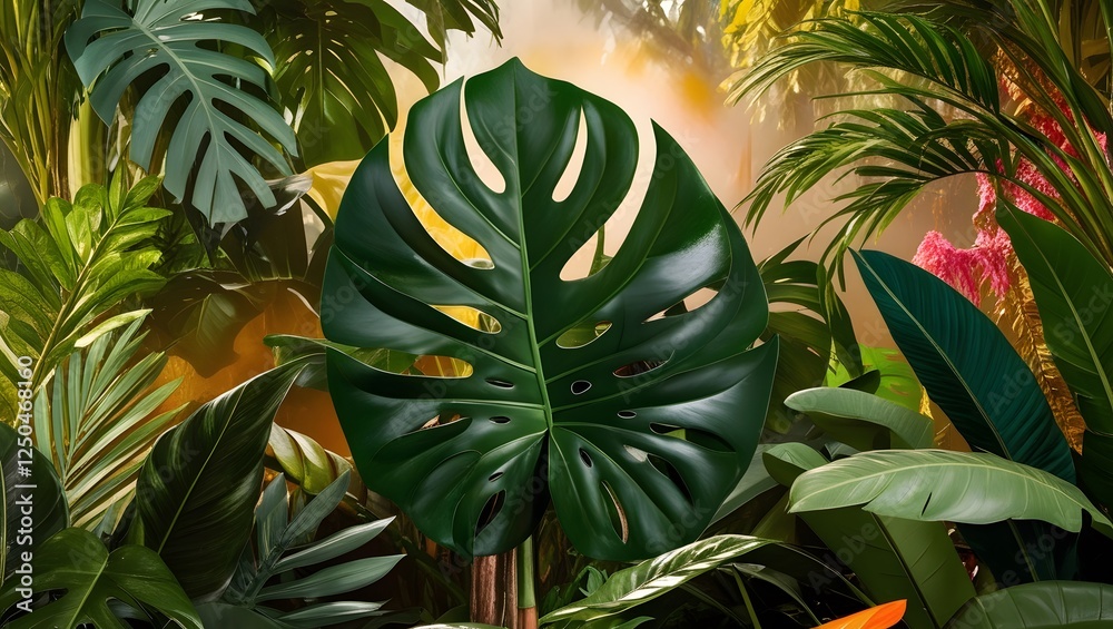 Fototapeta premium Lush Tropical Jungle with Vibrant Monstera and Exotic Green Foliage