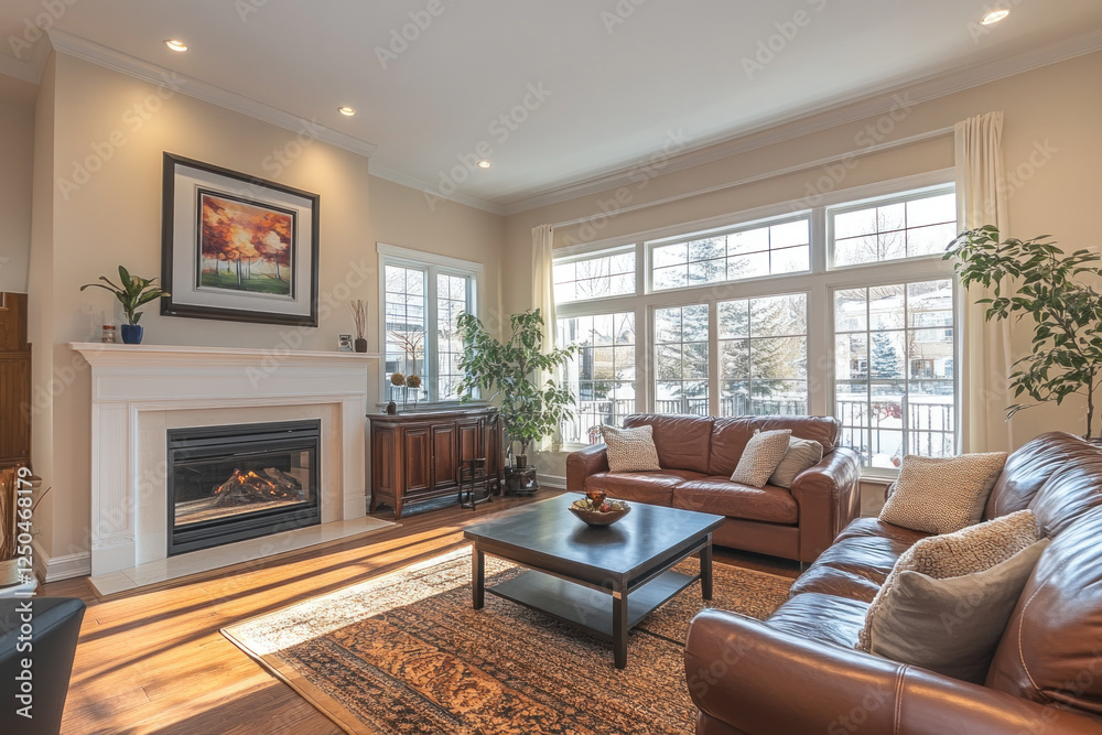 Fototapeta premium Living room with fireplace, cozy couches, and warm lighting create inviting and comfortable ambiance.