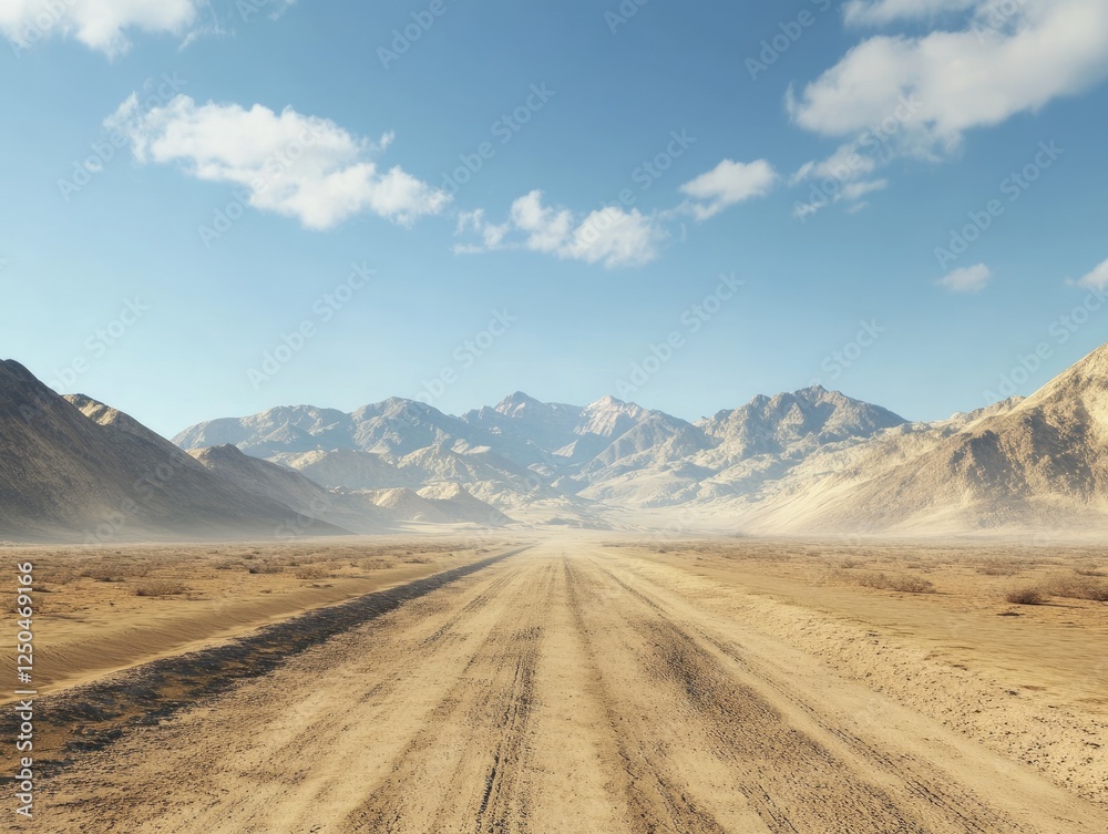 Arid Desert Road Leading to Distant Mountains under a Clear Blue Sky Arid Desert Road Leading to Distant Mountains under a Clear Blue Sky