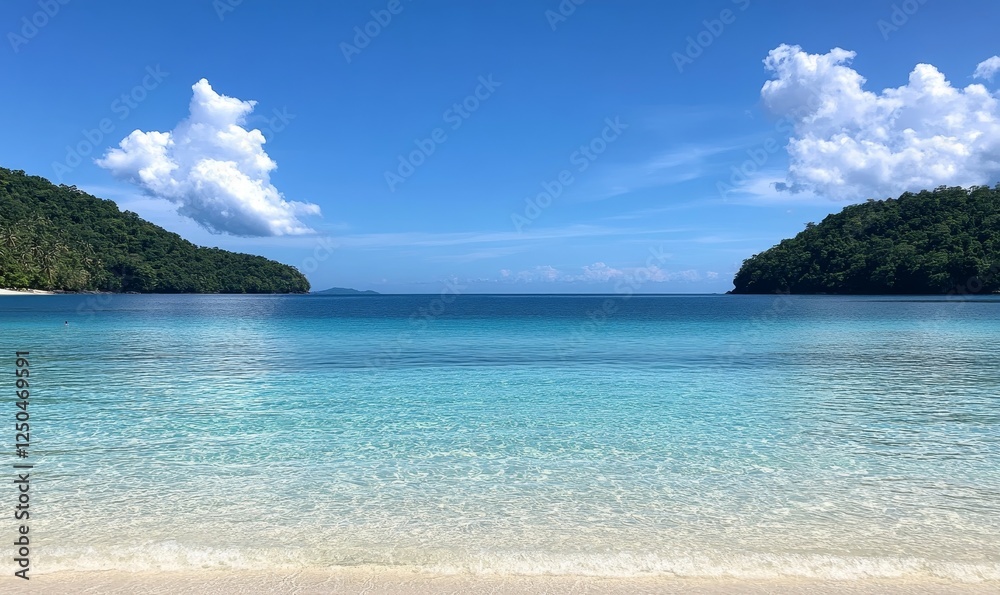 Pristine Blue Sea with Clear Sky and Scattered Clouds in Daylight, Perfect for Beach Vacation, Tranquility, and Nature Enthusiasts, Pristine Blue Sea with Clear Sky and Scattered Clouds in Daylight, Perfect for Beach Vacation, Tranquility, and Nature Enthusiasts,