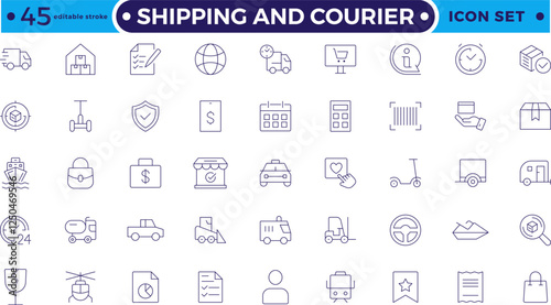 Shipping And Courier icon. Delivery service outline icon set. Containing order tracking, delivery home, warehouse, truck, scooter, courier Sea Air, Date. Editable stroke outline icon.