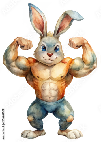 Strong cartoon rabbit, muscular physique, colorful watercolor style, playful character design, fitness theme, whimsical illustration.