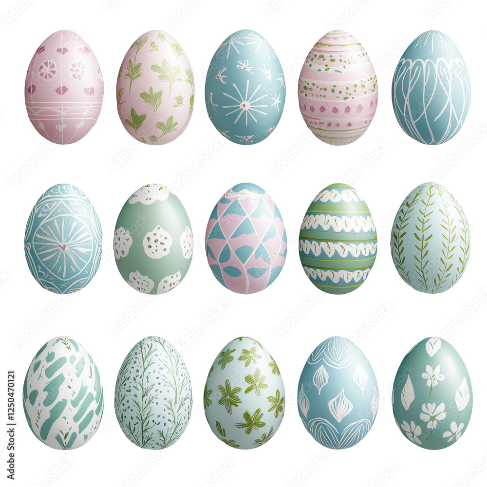 Pastel Easter Eggs Collection: A delightful collection of fifteen pastel-colored Easter eggs, each adorned with unique and delicate patterns, perfect for spring celebrations and festive designs. Pastel Easter Eggs Collection: A delightful collection of fifteen pastel-colored Easter eggs, each adorned with unique and delicate patterns, perfect for spring celebrations and festive designs.