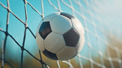 Soccer Ball in Net - Close-up of a soccer ball in the back of a net, outdoors on a sunny day.