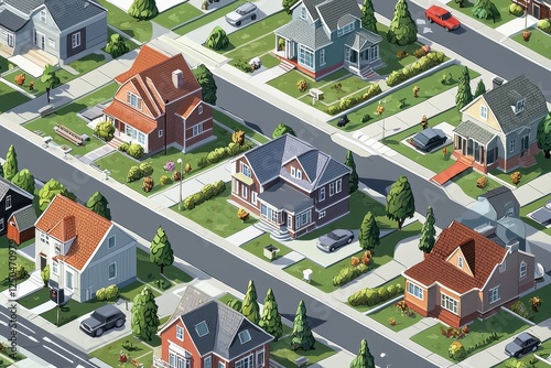 A bird's-eye view of a residential neighborhood with various homes, streets, and cars.  Colorful houses, trees, and landscaping are depicted in an isometric style.  A suburban scene.