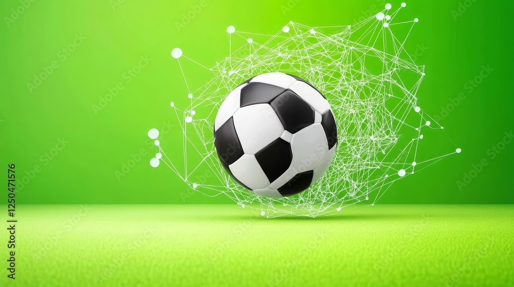 Fototapeta premium Soccer Data Analysis: Green Field Goal - Soccer ball encased in a data network, symbolizing analytics, strategy, performance, technology, and future success in sports.