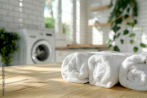 A modern laundry room with a wooden countertop and clean white surfaces is blurred in the background, with a washing machine in the foreground.