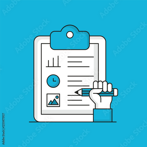 Design project icon with a clipboard and paper, featuring vertical bars, a clock, a picture, and lines of text. A hand holds a pencil, writing on the paper. Clean and modern design.