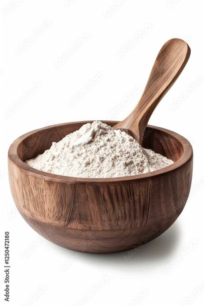 White wheat flour is in a wooden bowl with a spoon on a white background.