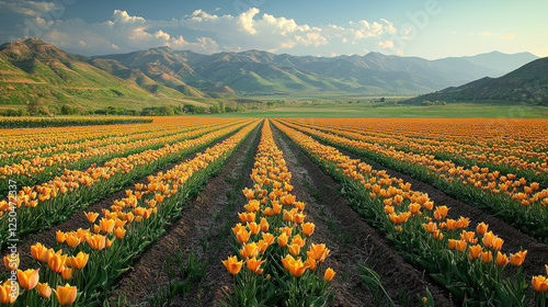 Yellow tulips field, mountain valley, spring bloom, scenic landscape, agriculture, nature photography