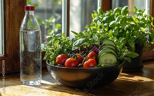 Fresh salad bowl, water bottle on windowsill photo